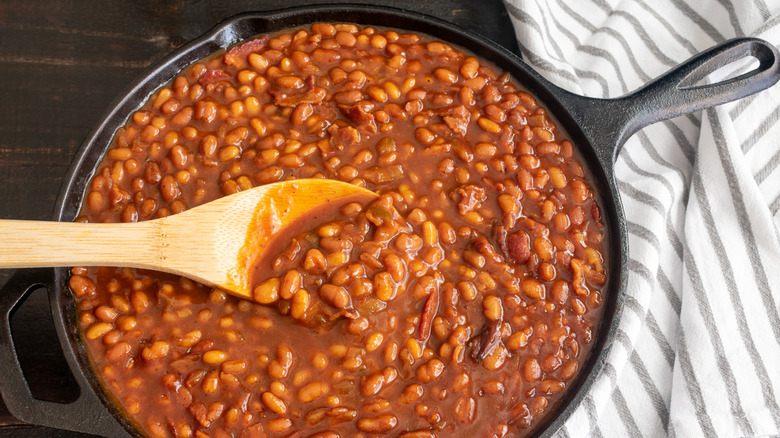 baked beans in a cast iron skillet