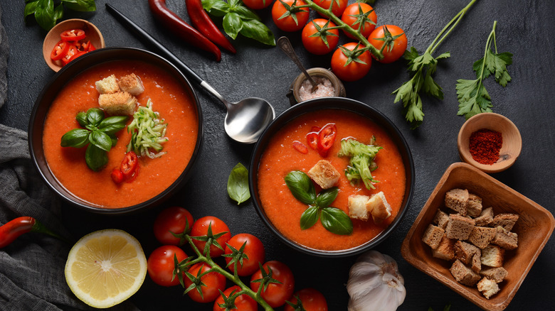 Bowls of gazpacho soup