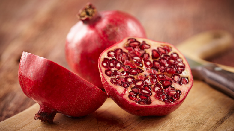 The inside of a cut pomegranate