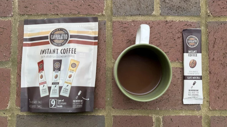 caffellatto instant latte variety pack with a mocha packet and cup