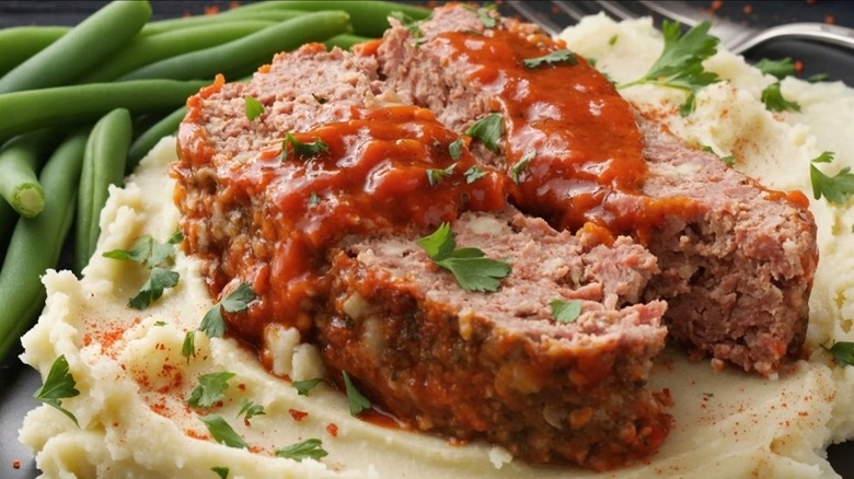 A slice of meatloaf garnished with sauce and fresh herbs atop mashed potatoes with green beans