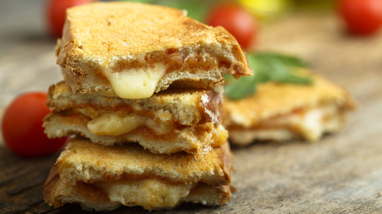 Grilled cheese sandwiches sliced in half