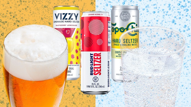 A glass of beer and hard seltzer side by side