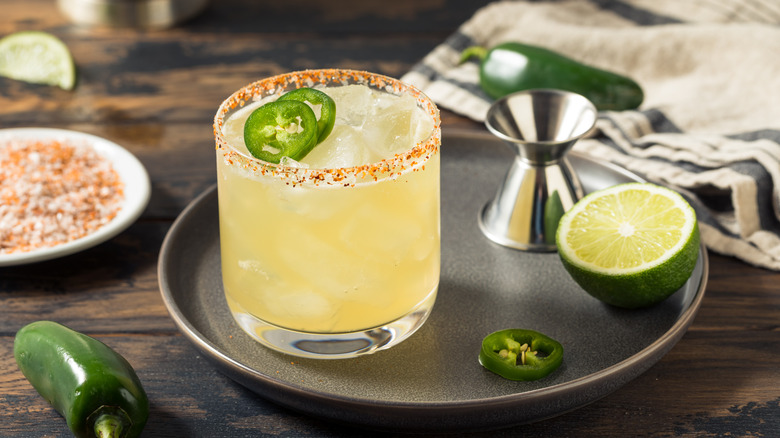 Jalapeno margarita with a rimmed glass. 
