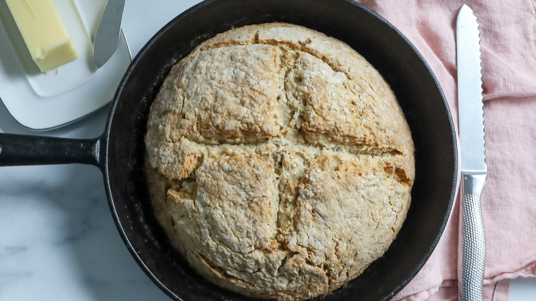 Oatmeal bread in cast iron pan