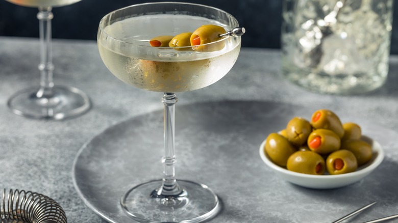 martini with olive garnish