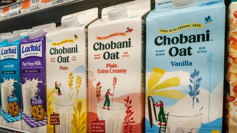Grocery store display of Chobani milk