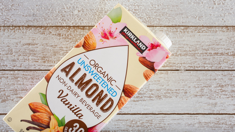 carton of Kirkland Signature organic unsweetened vanilla almond milk
