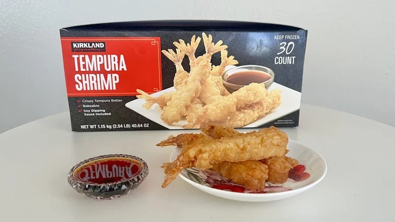 Box of Costco tempura shrimp with shrimp on plate