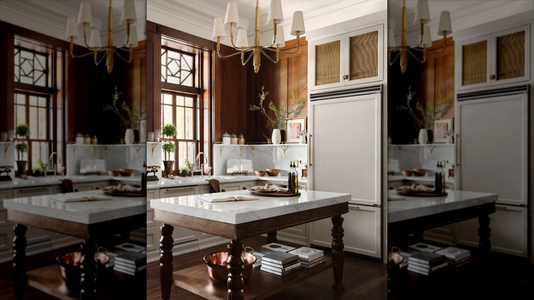 Joanna Gaines' castle kitchen with Castle Cream grey and white marble countertops and backsplash