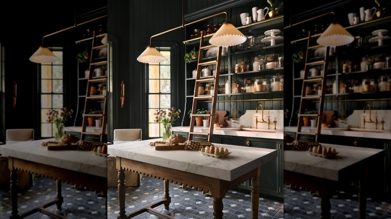 Kitchen with black walls and cabinets and white countertops