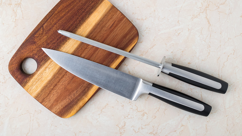 chef's knife with honing steel