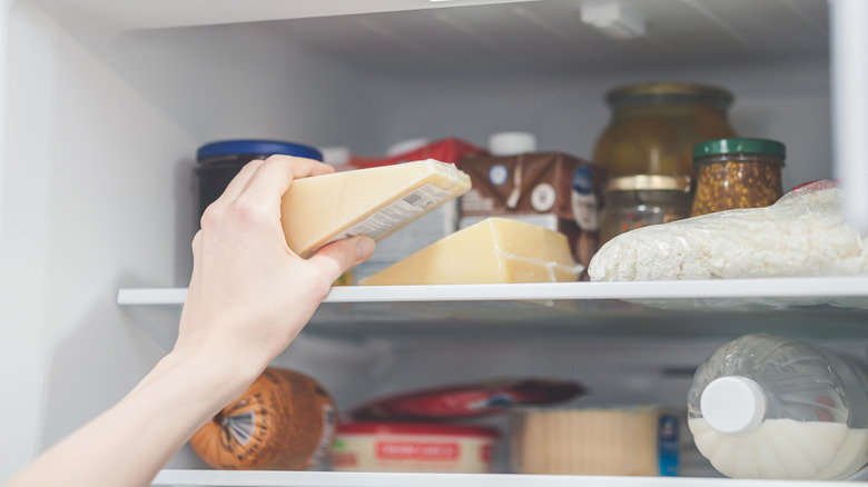 Person's hand putting packaged cheese into the fridge