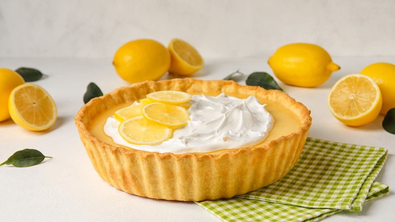 lemon tart on yellow checkered napkins