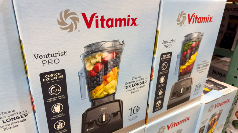 A stack of Vitamix boxes at a retail warehouse