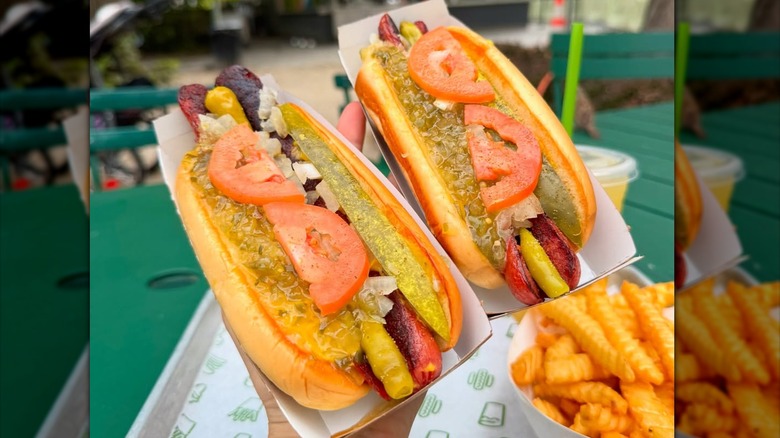 Person holding two Shake Shack hot dogs loaded with toppings