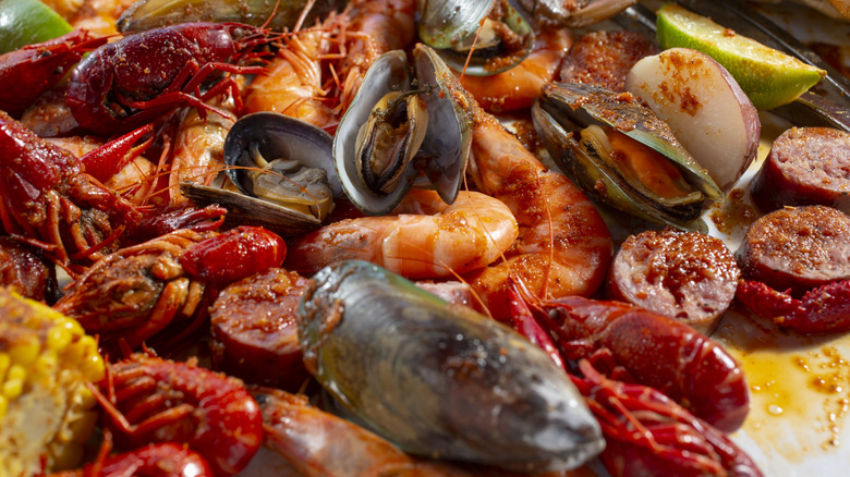 A closeup of a seafood feast