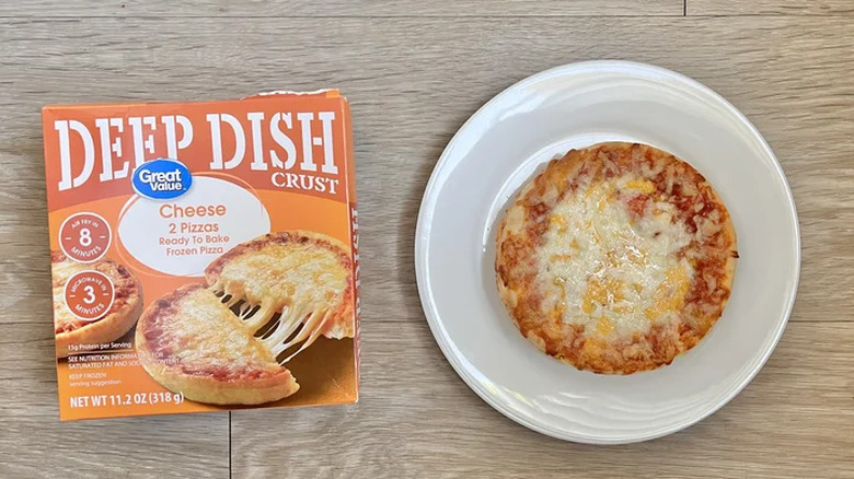 Deep-dish cheese pizza on a plate with packaging