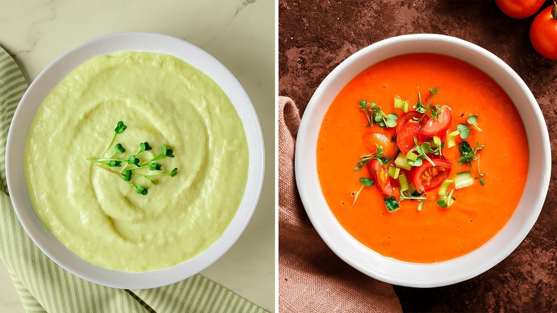 Vichyssoise and gazpacho in bowls