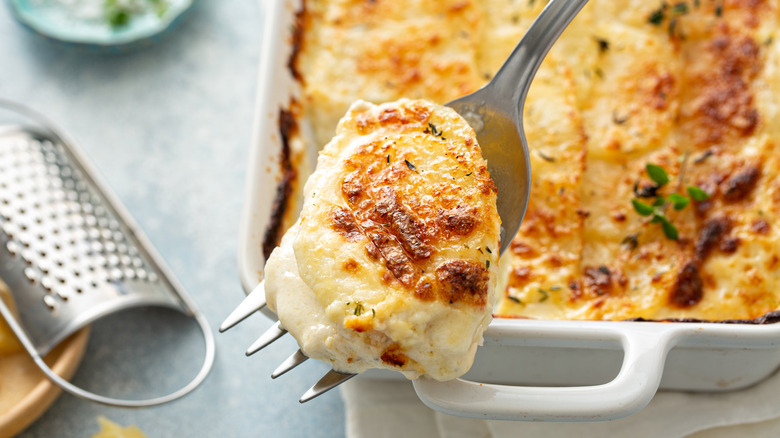 Scoop of scalloped potatoes from dish 