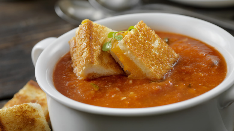 Tomato soup with grilled cheese croutons