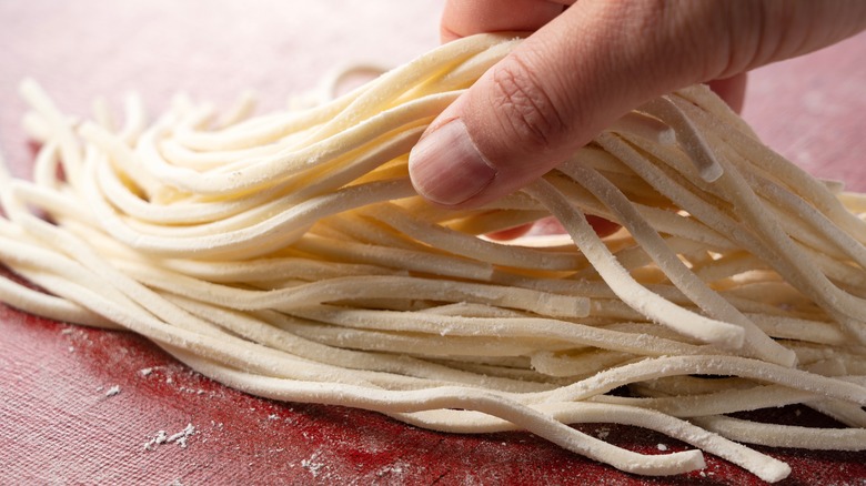 up close of fresh udon noodles