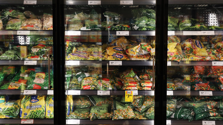 Frozen vegetable aisle in a grocery store