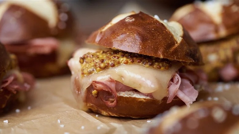 ham and cheese pretzel sliders with mustard