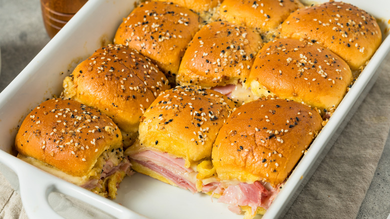 tray of baked ham and cheese sliders