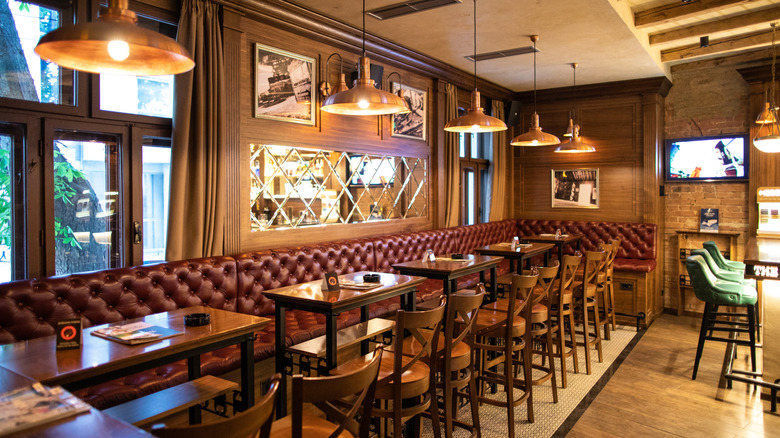 Restaurant interior with booths and chairs