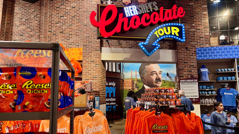 entrance to Hershey's Chocolate Tour with photo of founder