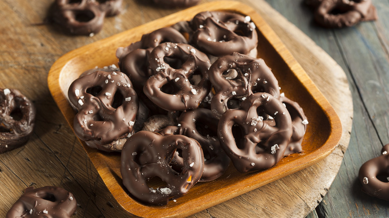 Close up of chocolate covered pretzels on a plate