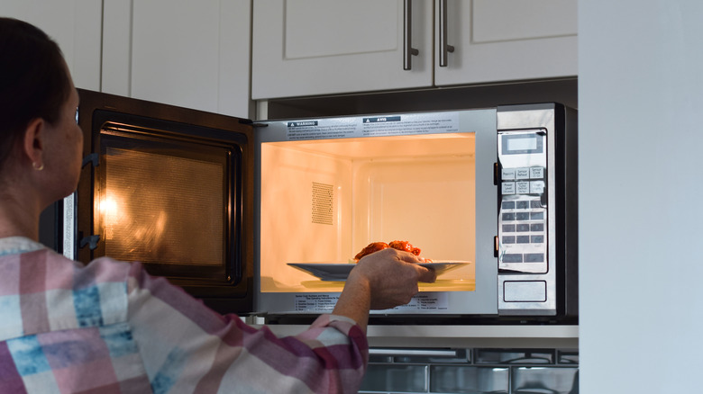 A person placing food into a microwave