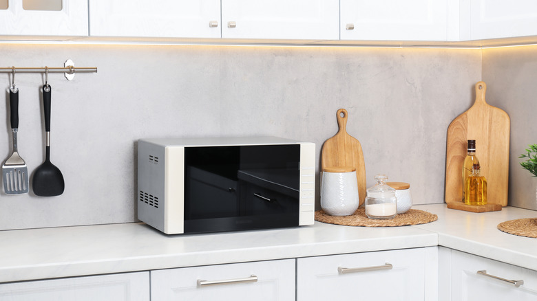 microwave on counter in kitchen