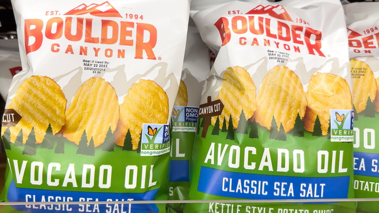 Two bags of Boulder Canyon avocado oil classic sea salt potato chips
