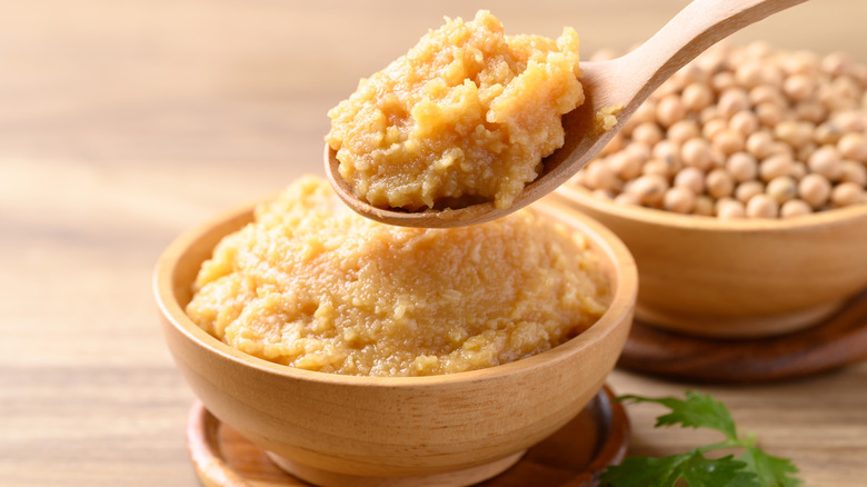 Miso paste in wooden bowl