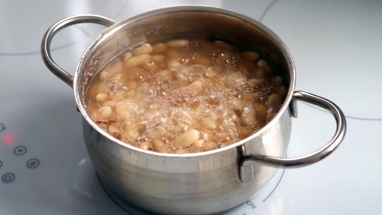 Plain beans boiling in a bubbling pot