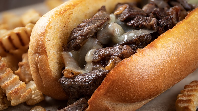 Closeup of a Philly cheesesteak
