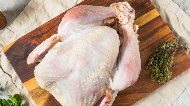 Whole raw bird sitting on cutting board with herbs