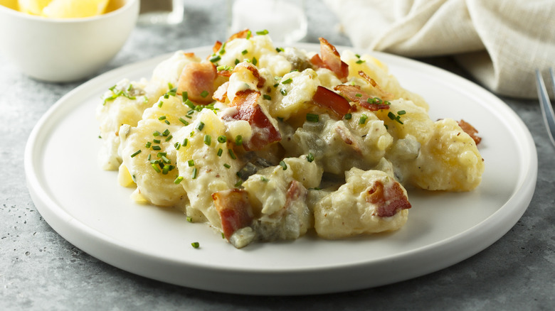 plate of potato salad with bacon