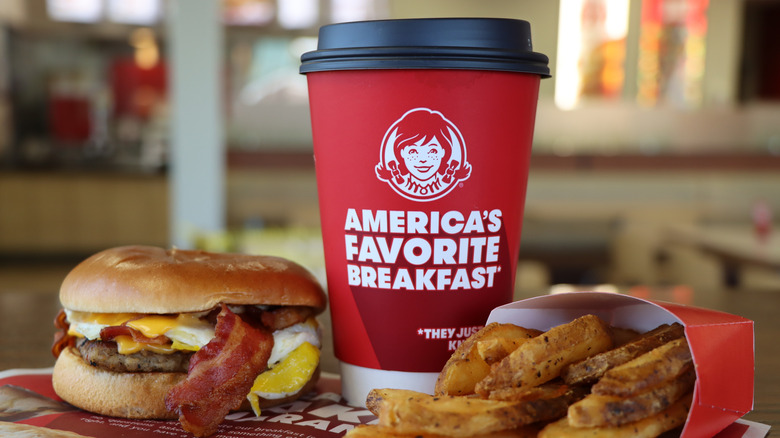 wendy's coffee cup with bacon sandwich