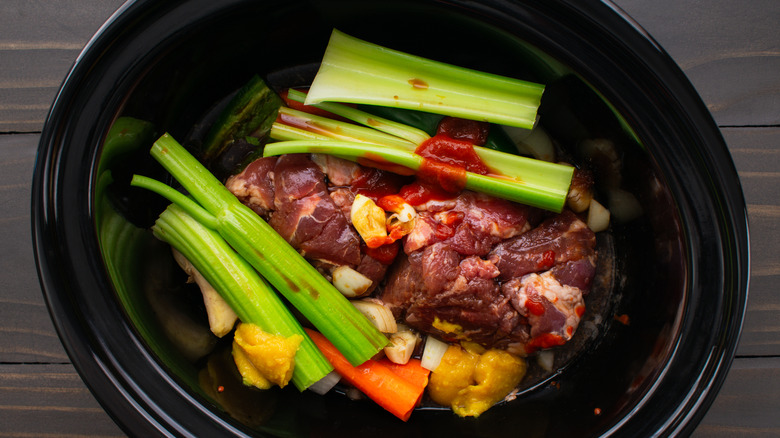 Meat and vegetables in a crockpot