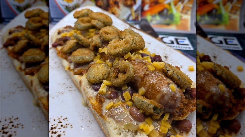 Durty Dog hot dog from Carrie's Beer Garden with fried jalapeños and cheese.