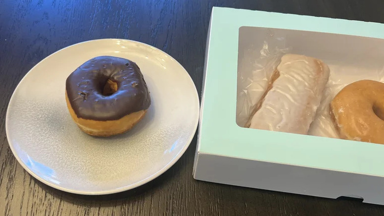 Kroger Chocolate Iced Donuts on white plate
