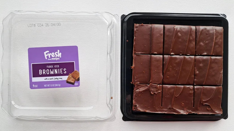 Meijer Fudge Iced Brownies on white surface