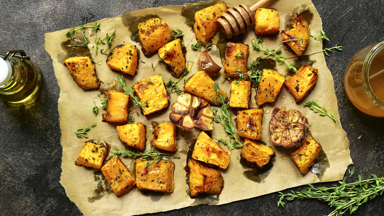 roasted pumpkin on parchment paper