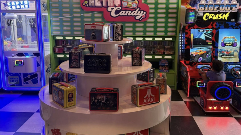 Inside a candy store with a red retro candy sign