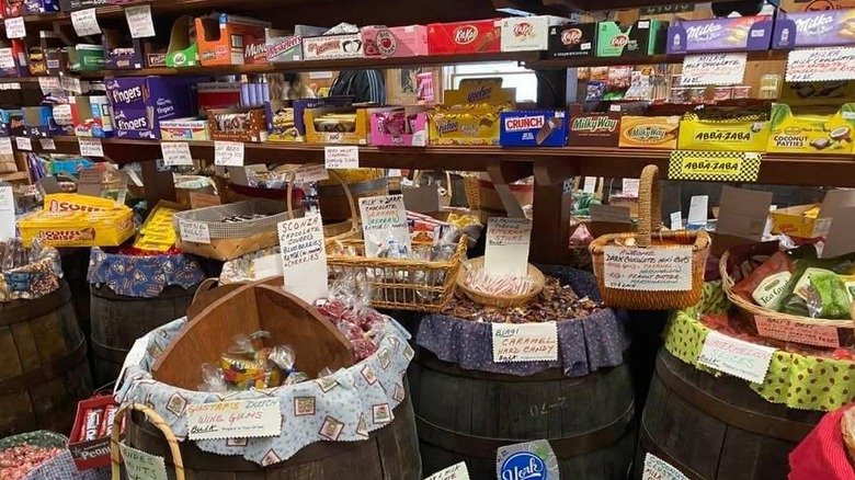 Vintage candy on shelves and in barrels