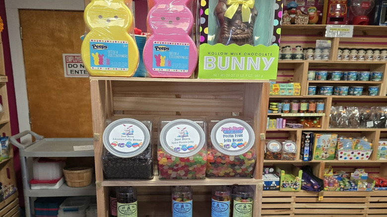 Sweets in a candy store with bunny-shaped chocolate