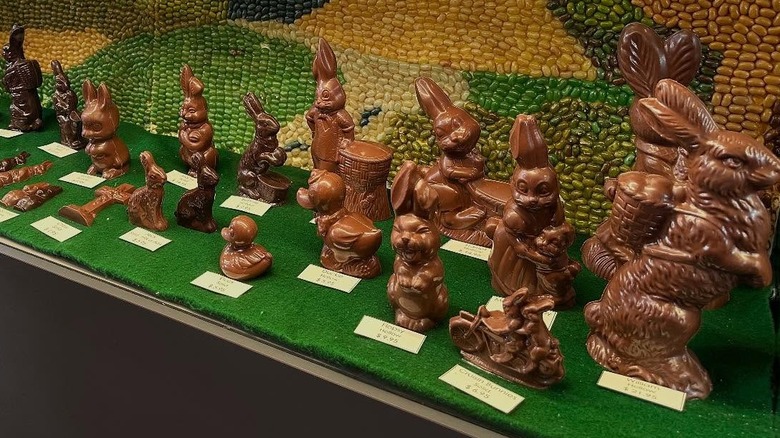 Easter bunny chocolates and a decorative candy wall